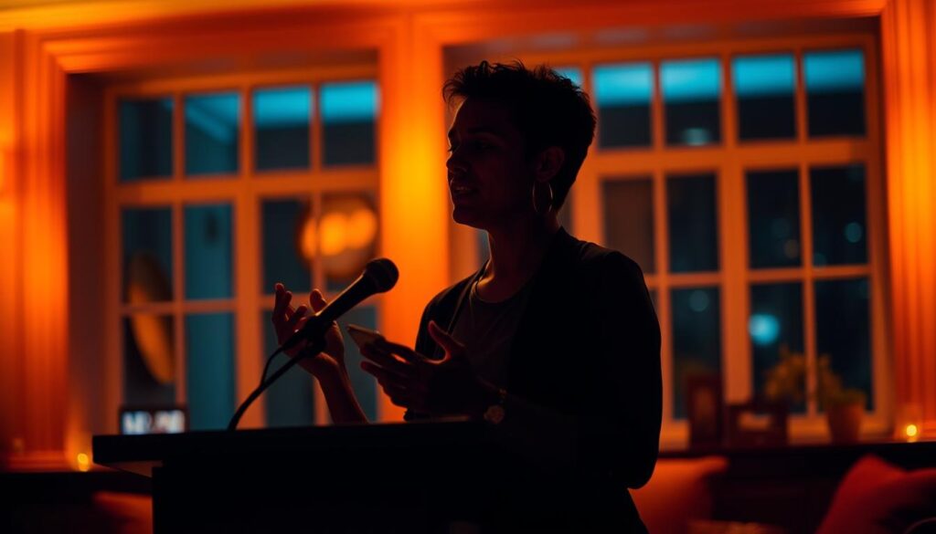 A person standing at a podium, reciting a heartfelt poem with expressive gestures. They are illuminated by warm, theatrical lighting, casting dramatic shadows that accentuate the emotion of the performance. The background is blurred, but suggests a cozy, intimate setting, like a dimly lit stage or living room, allowing the focus to remain on the captivating recitation. The overall atmosphere is one of thoughtful contemplation and sincere appreciation for the power of the spoken word.