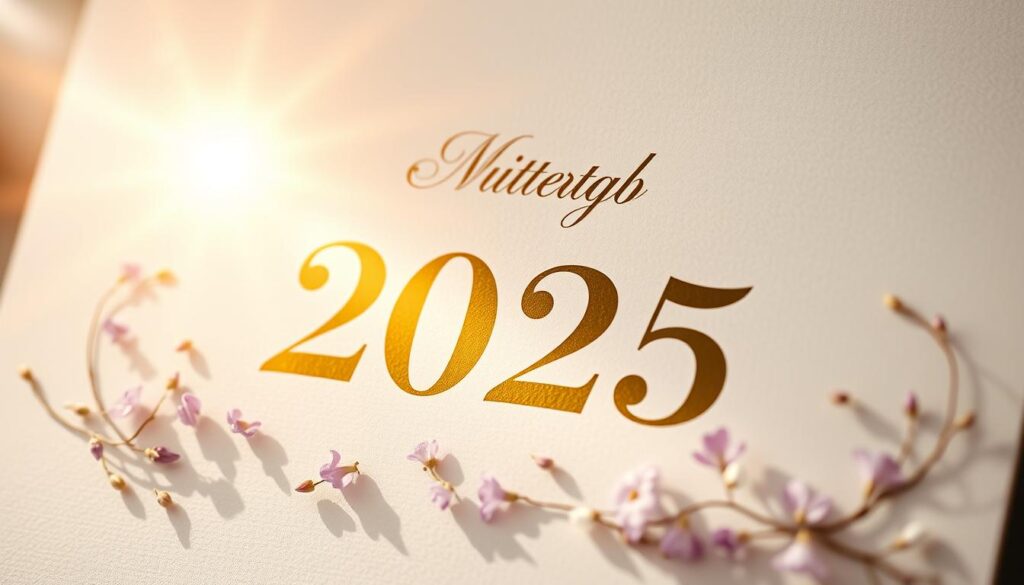 A radiant, golden-hued calendar page, elegantly illuminated by soft, diffused natural light. The date "Muttertag 2025" stands out prominently, rendered in a classic serif typeface with a touch of elegant flourish. Surrounding the date, delicate floral motifs in shades of pink, lavender, and white create a whimsical, celebratory atmosphere, hinting at the joyous occasion. The composition is balanced, with a sense of depth and subtle, ethereal shadows. The overall mood is one of warmth, sophistication, and reverence for the significance of this special day.