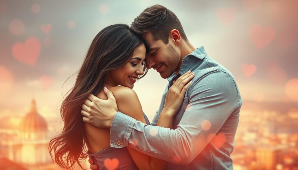 A romantic couple embracing passionately against a dreamlike, ethereal backdrop. In the foreground, their intertwined bodies convey a sense of deep intimacy and tenderness, with soft lighting highlighting the contours of their skin and the earnest expression on their faces. The middle ground features a hazy, out-of-focus cityscape or natural landscape, suggesting a private, secluded moment amidst the wider world. The background is filled with a warm, vibrant color palette, evoking the boundless energy and emotion of "Sprache der Liebe" - the language of love. The overall composition and mood evoke a sense of euphoric, effortless connection between the subjects, reflecting the power of language to transcend physical boundaries and express the depths of the human heart.