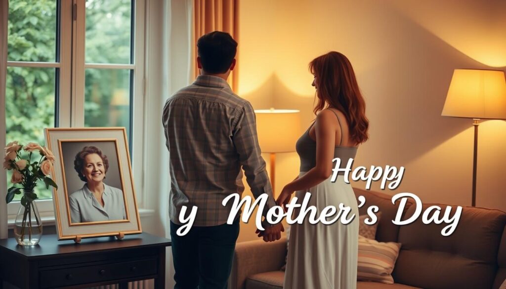 A romantic couple standing hand-in-hand in a cozy living room, gazing at a framed portrait of the wife's mother on a side table. The room is softly lit by a warm lamp, casting a golden glow. The couple's body language and facial expressions convey a sense of appreciation and reverence for the maternal figure. In the background, a vase of fresh flowers rests on a windowsill, adding a touch of nature and tranquility. The overall atmosphere evokes the significance of honoring and cherishing the mother's role, as the couple celebrates the special occasion of Mother's Day.