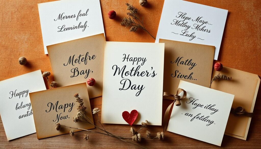 A rustic, handcrafted arrangement of greeting cards, elegant calligraphic scripts, and heartfelt messages against a warm, inviting backdrop. Soft natural lighting illuminates the center of the composition, with a touch of vintage charm and a soothing, earthy color palette. The cards are carefully positioned, some slightly overlapping, to create a sense of depth and artful composition. The overall mood is one of timeless elegance, perfect for conveying thoughtful greetings and well-wishes for a special occasion like Mother's Day.