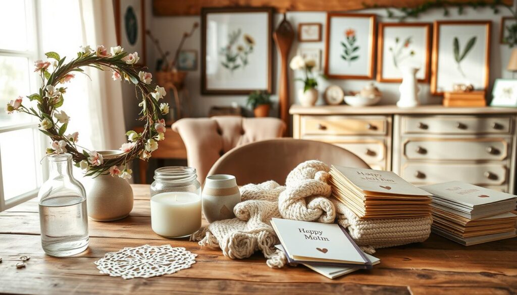 A rustic, handcrafted scene of Mother's Day DIY gifts. In the foreground, a wooden table is adorned with a variety of homemade items - a delicate floral wreath, a scented candle in a mason jar, and a hand-painted ceramic vase. Sunlight streams in through a nearby window, casting a warm, natural glow. In the middle ground, artisanal fabrics and textures come together - a knitted throw, a lace doily, and a stack of hand-stamped greeting cards. The background reveals a cozy, farmhouse-inspired space, with framed botanical prints and a vintage dresser filled with sentimental trinkets. The overall atmosphere is one of thoughtfulness, comfort, and the joy of creating something special for a beloved mother figure.