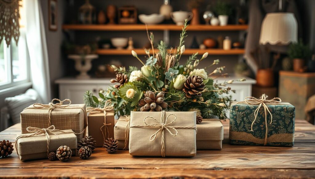 A rustic, handcrafted scene of natural gifts on a wooden table, illuminated by soft, warm lighting. In the foreground, a collection of beautifully wrapped presents made from earthy materials like pinecones, dried flowers, and twine. In the middle ground, a centerpiece arrangement of various foliage, twigs, and botanicals, creating a lush, organic display. The background features a cozy, cottage-like environment, with wooden shelves and neutral-toned textiles adding to the serene, nature-inspired ambiance. The overall composition conveys a sense of simplicity, beauty, and thoughtfulness, perfectly capturing the essence of crafting gifts with natural materials.