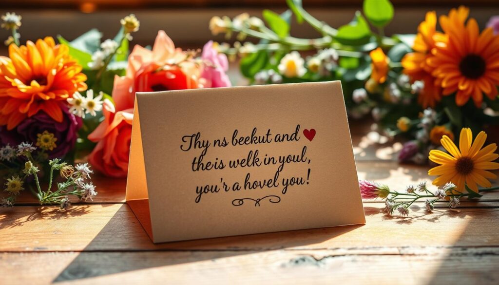 A rustic, handmade greeting card with a heartfelt message sits on a wooden surface, surrounded by colorful floral arrangements and calligraphic elements. The natural lighting casts a warm, inviting glow, highlighting the careful craftsmanship and the personal touch of the homemade creation. The card's design features a delicate, script-style font with an inspirational quote or a kind message, conveying a sense of thoughtfulness and sincerity. The overall composition evokes a cozy, intimate atmosphere, perfect for a special occasion or to express heartfelt sentiments to a loved one.