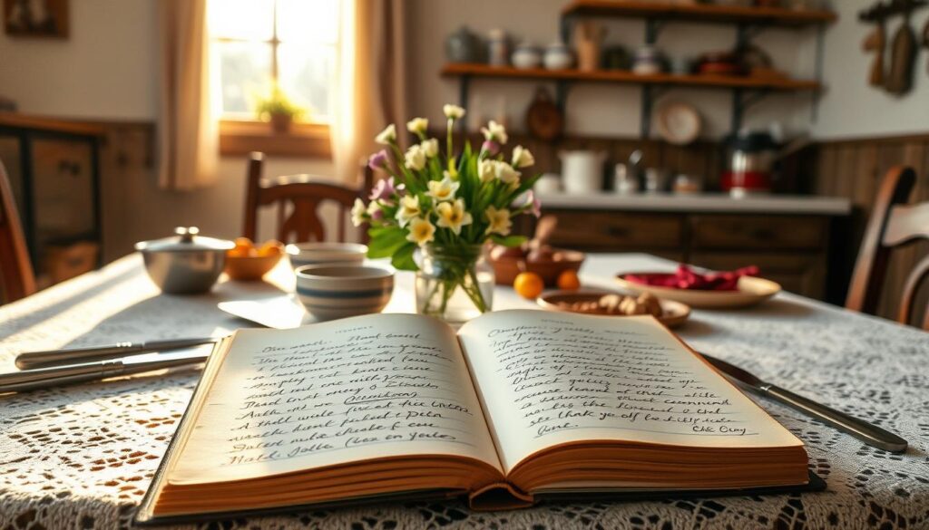 A rustic kitchen table set for a special Mother's Day celebration, with a delicate lace tablecloth and a centerpiece of fresh spring flowers. In the foreground, an open cookbook displays handwritten recipes for traditional home-cooked dishes, their pages weathered with years of use. On the table, an assortment of ingredients and cooking utensils creates a sense of warmth and the promise of a nourishing meal. Soft, golden light filters through the window, creating a cozy, inviting atmosphere. The background features a modest, sun-dappled kitchen, with simple wooden shelves displaying Oma's cherished cookware and family heirlooms.