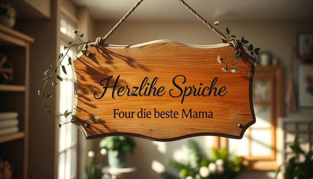 A rustic wooden plaque, its surface weathered and worn, hangs in a cozy, sun-dappled room. Delicate floral sprigs and leaves frame the edges, evoking a sense of warmth and nature. In the center, hand-painted in a elegant cursive script, are the words "Herzliche Sprüche" - a heartfelt expression of love and appreciation. The lighting is soft and diffused, creating a gentle, intimate atmosphere. The composition is balanced, with the plaque taking center stage, surrounded by a harmonious blend of natural elements. This image perfectly captures the essence of the "Herzliche Muttertagssprüche für die beste Mama" section, conveying a heartfelt, homely, and sentimental mood.