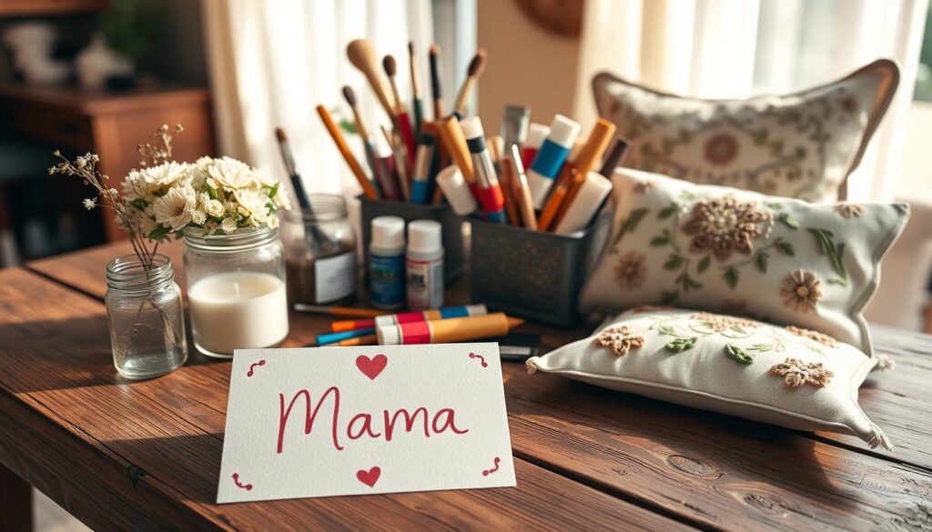 A rustic wooden table, adorned with an array of homemade crafts and DIY gift ideas, sits in a cozy, sun-dappled room. In the foreground, a handmade card with a heartfelt message for "Mama" takes center stage, surrounded by an assortment of personalized items - a scented candle in a mason jar, a delicate floral arrangement, and a uniquely embroidered pillow. In the middle ground, a variety of art supplies, including paint brushes, colorful paints, and intricate embellishments, suggest the creative process behind these thoughtful gifts. The background features a warm, inviting atmosphere, with soft, natural lighting filtering through sheer curtains, creating a serene and inviting ambiance.