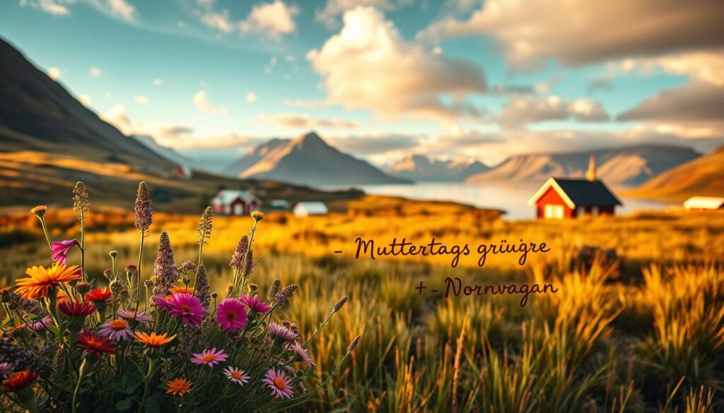 A serene, Nordic landscape with a quaint cottage nestled amidst rolling hills and a picturesque lake. The foreground features a bouquet of vibrant wildflowers and a handwritten note in flowing cursive, conveying heartfelt "Muttertagsgrüße" (Mother's Day greetings) in both Danish and Norwegian. The scene is bathed in warm, golden light filtering through wispy clouds, creating a cozy, inviting atmosphere. The mid-ground showcases traditional Scandinavian architecture and the distant background depicts a majestic fjord surrounded by snow-capped mountains. The overall composition evokes a sense of tranquility, appreciation, and the unique cultural traditions of the Nordic region.