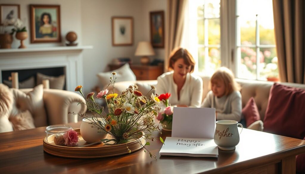 A serene Sunday morning scene showcasing the heartwarming traditions of Mother's Day. In the warm, softly-lit foreground, a family gathers around a table adorned with freshly-picked wildflowers, a handmade card, and a tray of homemade breakfast treats. The middle ground reveals a cozy living room with plush furnishings and family heirlooms, while the background depicts a sun-dappled garden bursting with blooming flowers. An atmosphere of love, gratitude, and cherished moments fills the air, capturing the essence of honoring and celebrating mothers on this special day.