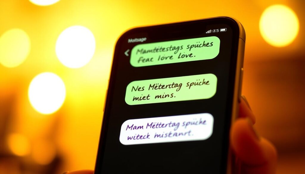 A serene WhatsApp chat interface with vibrant, handwritten "Muttertagssprüche" - short, heartfelt motherly messages - gracefully displayed on the screen. The interface is bathed in a warm, golden hue, creating a cozy, intimate atmosphere. The background blurs gently, placing the focus on the meaningful messages that convey love, appreciation, and gratitude for the recipient's mother. The overall composition evokes a sense of genuine sentiment and emotional connection, perfectly capturing the essence of the "Muttertagssprüche für WhatsApp" section.