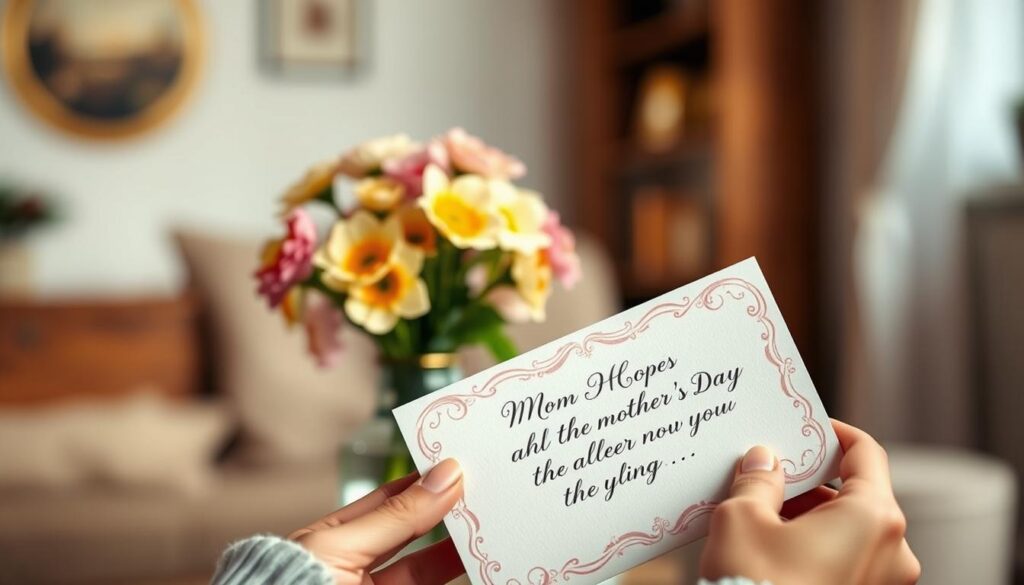 A serene and contemplative scene depicting the significance of Mother's Day quotes. In the foreground, a woman's hands tenderly hold an ornate, handwritten card, its delicate calligraphy conveying a heartfelt message. In the middle ground, a vase of freshly picked flowers, their vibrant petals softly illuminated by the warm, diffused lighting. The background is a blurred, tranquil domestic setting, evoking a sense of comfort and familiarity. The overall atmosphere is one of gratitude, appreciation, and the cherished connection between a mother and her loved ones.