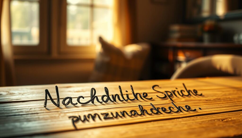 A serene and contemplative scene of handwritten "Nachdenkliche Sprüche" (thoughtful sayings) on a weathered wooden surface, illuminated by warm, soft natural lighting filtering through a window. The words are carefully and elegantly penned, with a sense of deliberation and introspection. The composition features the text in the foreground, with a blurred, atmospheric background hinting at a cozy, inviting interior space. The overall mood is one of quiet reflection and introspection, perfectly capturing the essence of the "Muttertagssprüche zum Nachdenken" (Mother's Day thoughtful quotes) section.