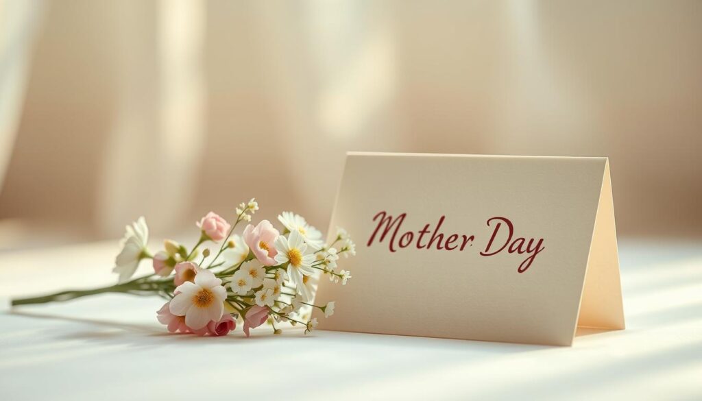 A serene and delicate composition depicting a handcrafted Mother's Day card. In the foreground, a whimsical floral arrangement in soft pastel hues takes center stage, arranged with a sense of natural elegance. The middle ground showcases the card itself, its surface textured with a subtle embossed pattern, perhaps hinting at an intricate die-cut or embellishment. The background features a warm, diffused lighting, creating a sense of timelessness and intimacy, as if captured in a sun-dappled studio. The overall mood is one of thoughtfulness, care, and the celebration of the maternal bond, evoking the essence of a heartfelt Mother's Day greeting.