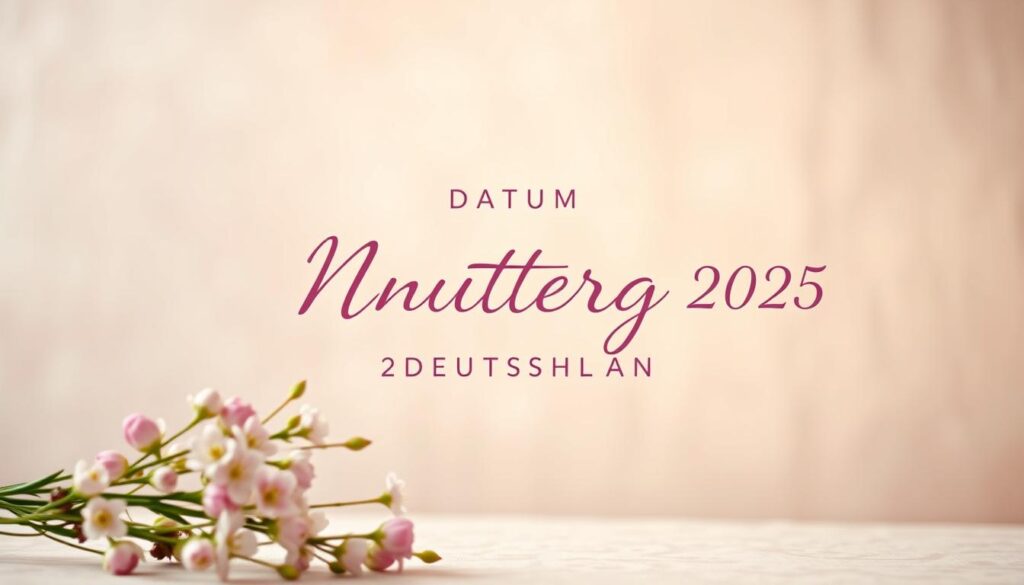 A serene and elegant composition featuring the date "Datum Muttertag 2025 Deutschland" rendered in a beautiful calligraphic font, set against a soft, pastel-hued background. The foreground showcases delicate floral accents, such as a bouquet of freshly-picked spring flowers, while the middle ground features a warm, diffused lighting that casts a gentle glow over the entire scene. The background is a subtly textured, muted color palette that evokes a sense of tranquility and thoughtfulness, perfectly capturing the essence of the Muttertag celebration in Germany for the year 2025.