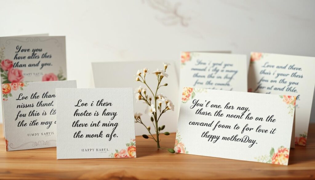 A serene and elegant scene of handwritten Mother's Day quotes elegantly displayed on vintage-style greeting cards. In the foreground, a collection of colorful floral-patterned cards with calligraphic messages of love and appreciation for mothers. The middle ground features a delicate sprig of white flowers, adding a touch of natural beauty. The background showcases a soft, textured backdrop, perhaps a watercolor or pastel wash, creating a warm and inviting atmosphere. Gentle lighting casts a gentle glow, highlighting the craftsmanship and thoughtfulness of the handwritten sentiments. The overall composition conveys a sense of heartfelt sentiment and timeless charm, perfectly suitable for a Mother's Day celebration.