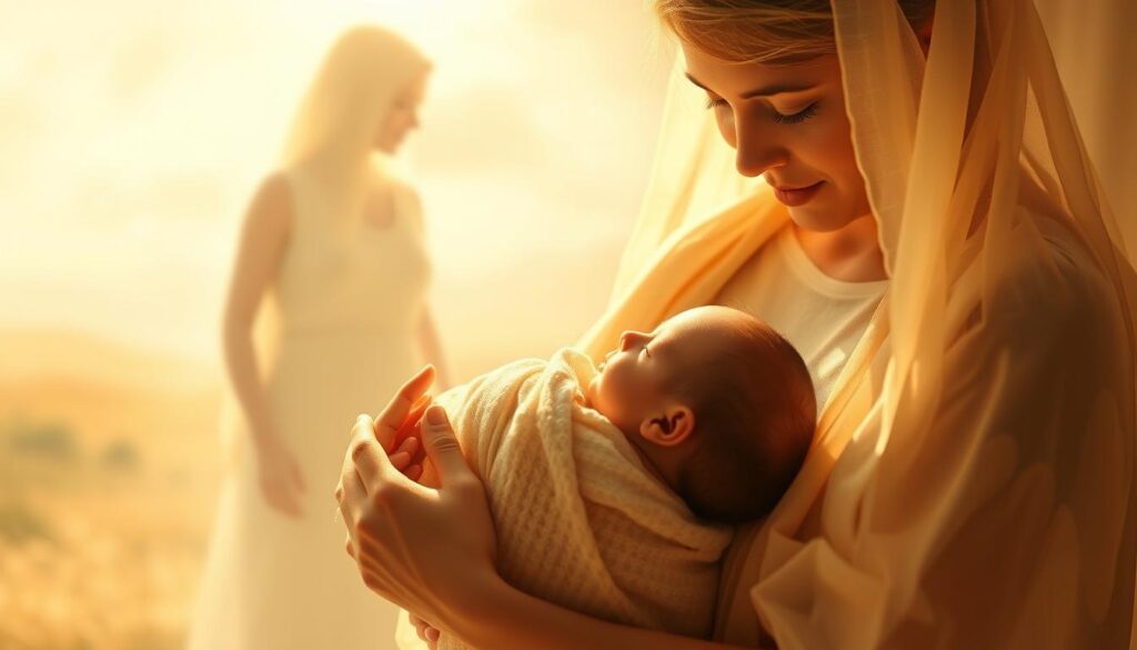 A serene and ethereal scene of the sacred bond between mother and child. In the foreground, a gentle figure cradling a newborn, her gaze filled with a profound love and wonder. Soft, warm lighting caresses their skin, creating an intimate, glowing atmosphere. In the middle ground, the mother's form is wrapped in delicate, flowing fabrics, symbolizing the nurturing nature of motherhood. The background is a dreamlike, impressionistic landscape, suggesting the spiritual, transcendent nature of the "Muttersein" experience. A sense of profound connection, tenderness, and the miracle of life permeates the entire composition.