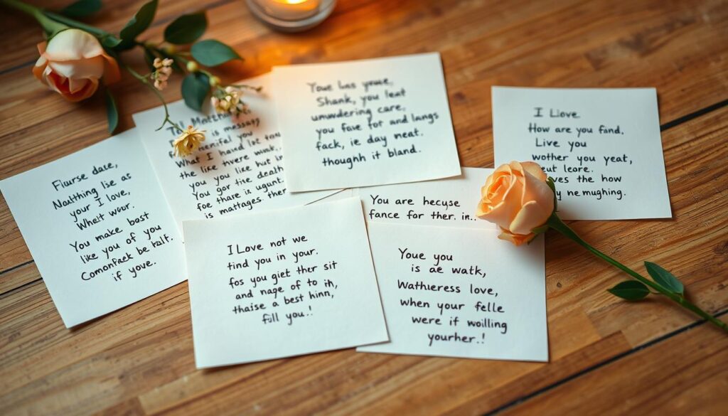 A serene and heartfelt Mother's Day scene with soft, warm lighting illuminating a handwritten collection of sentimental WhatsApp messages on a wooden table. The messages convey messages of love, gratitude, and appreciation for a mother's unwavering care and nurturing. Delicate floral accents, like a single rose, add a touch of elegance and tenderness to the overall composition. The image exudes a sense of intimacy and emotional connection, perfectly capturing the essence of the "Muttertagssprüche für WhatsApp" section.