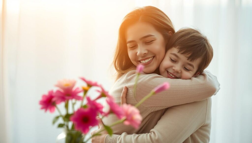 A serene and heartfelt scene showcasing the significance of Mother's Day. In the foreground, a mother and child embrace, their expressions radiating love and gratitude. The mother's face is illuminated by soft, warm lighting, her gentle smile conveying the profound bond between them. In the middle ground, a vase of vibrant flowers, a symbolic gesture of appreciation, adds a touch of beauty and color. The background fades into a blurred, tranquil setting, allowing the focal point to be the tender moment shared between mother and child, representing the profound meaning and importance of this special day.