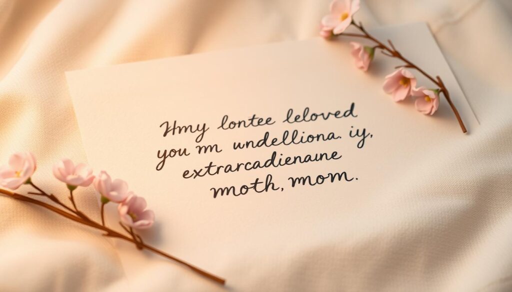 A serene and heartwarming illustration of a thoughtful, handwritten message on a soft, textured surface, surrounded by delicate floral accents in muted pastel hues. The composition is lighted with a gentle, warm glow, creating an intimate, personal atmosphere. The message, written in a calligraphic script, conveys a genuine, heartfelt sentiment dedicated to a beloved, extraordinary mother. The overall aesthetic evokes a sense of sentiment, gratitude, and the tender bond between a child and a cherished parent.