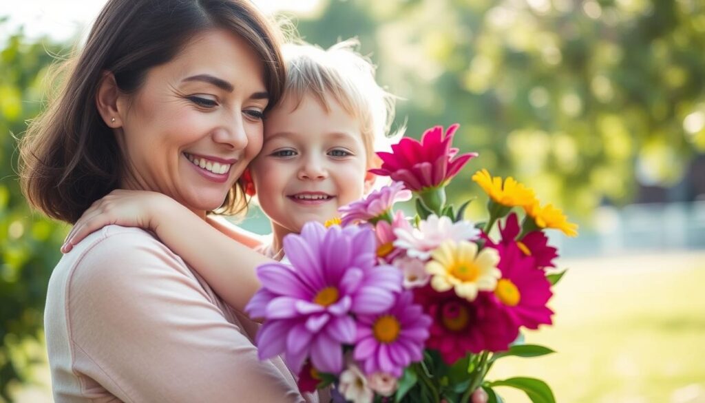 A serene and heartwarming scene depicting the significance of Mother's Day. In the foreground, a mother and child embrace, their expressions radiating love and affection. The mother's face is softly lit, capturing the warmth and tenderness of the moment. In the middle ground, a bouquet of vibrant flowers, symbolizing the appreciation and gratitude for a mother's unconditional care. The background is a tranquil, natural setting, with gentle sunlight filtering through lush greenery, creating a calming and peaceful atmosphere. The overall composition conveys the deep connection and reverence at the core of Mother's Day.