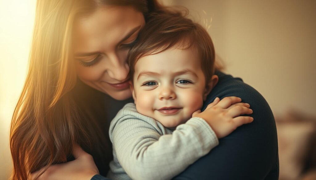 A serene and heartwarming scene of a mother embracing her child, their expressions radiating pure, unconditional love. The pair are bathed in soft, warm lighting that casts a gentle glow, creating an intimate and comforting atmosphere. The mother's gentle smile and the child's content expression convey the profound connection and understanding between them. The background is blurred, allowing the viewer to focus solely on the tenderness of their embrace. The composition is balanced and harmonious, capturing the essence of the profound bond between a mother and her child.
