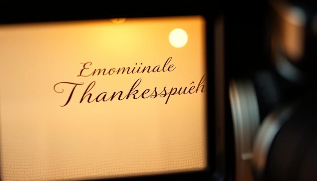 A serene and intimate scene, captured through the lens of a vintage-style camera. Delicate calligraphy-inspired text floats gracefully against a soft, muted backdrop, evoking a sense of heartfelt sentiment. Warm lighting casts a golden glow, creating an atmosphere of emotional reflection. The layout is balanced and harmonious, with the text positioned prominently yet subtly, allowing the viewer to fully immerse themselves in the poignant message. The overall aesthetic is elegant, timeless, and deeply moving, perfectly suited to illustrate the "Emotionale Dankessprüche" section of the article.