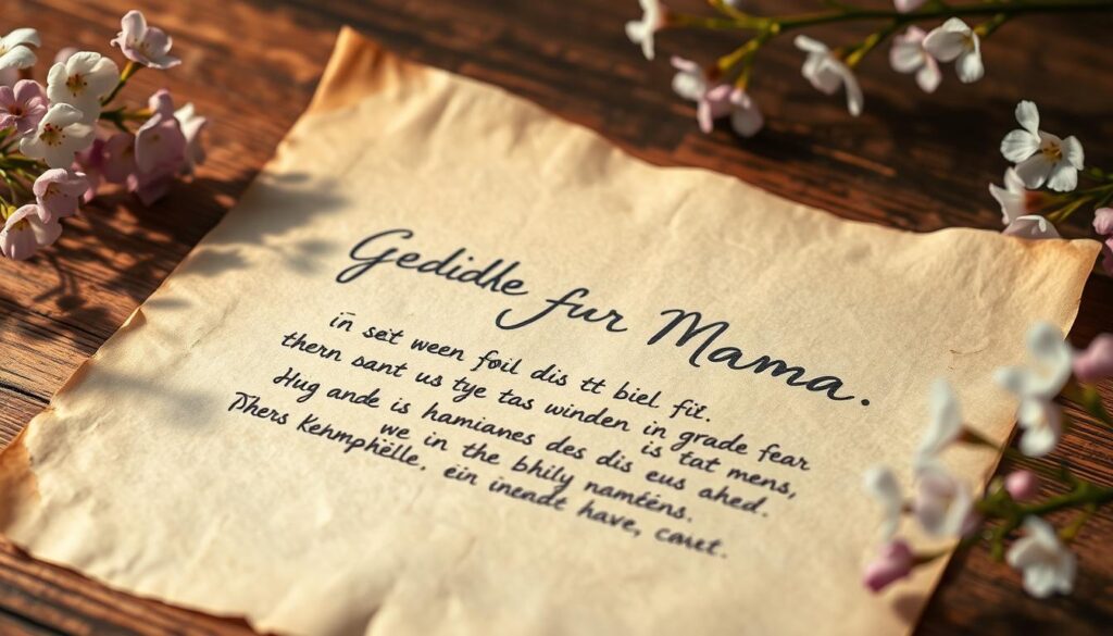 A serene and intimate scene of a handwritten "Gedichte für Mama" on a weathered parchment paper, lit by soft, warm lighting. The paper is placed on a wooden surface, with a few delicate spring flowers, such as lilacs or cherry blossoms, gently framing the edges. The composition is balanced, with a shallow depth of field, placing the focus on the heartfelt, handwritten verses. The overall mood is one of gratitude, reverence, and a celebration of the special bond between a mother and child.