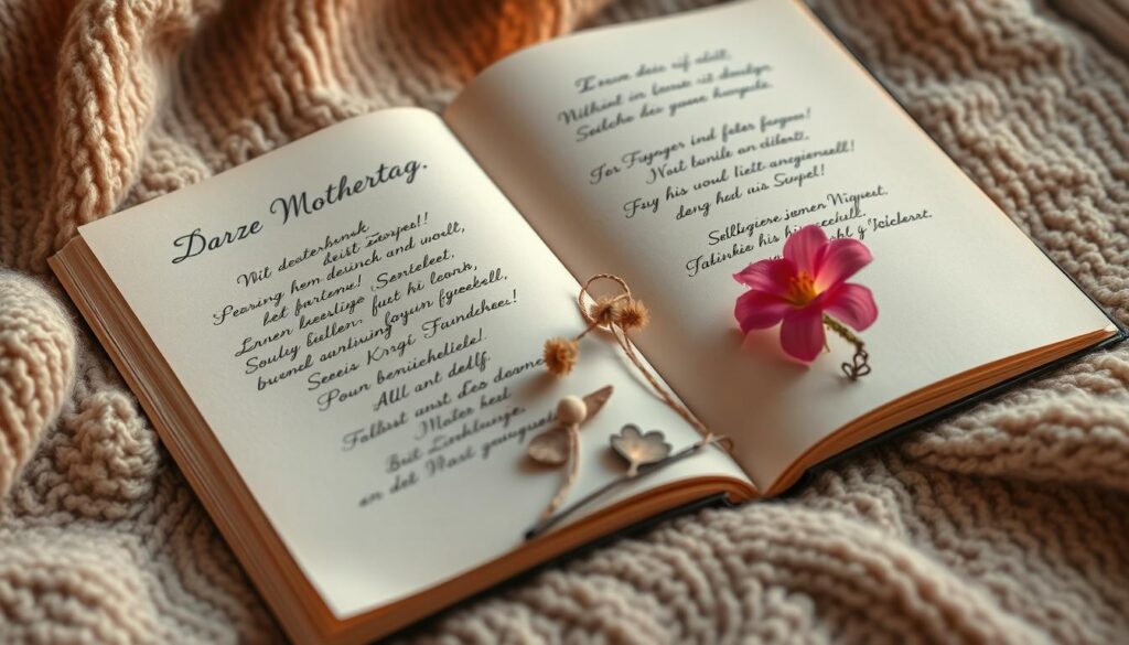 A serene and intimate scene of handwritten German poetry arranged delicately on a cozy, textured surface. The elegant cursive script flows across the pages, exuding a heartfelt, maternal charm. Soft, warm lighting casts a gentle glow, evoking a sense of love and appreciation. The composition features a central focus on the poems, with subtle details like a single flower or a sentimental trinket adding depth and emotion to the image. The overall atmosphere is tranquil, reflective, and thoughtfully crafted to capture the essence of the "Kurze Gedichte zum Muttertag" section.