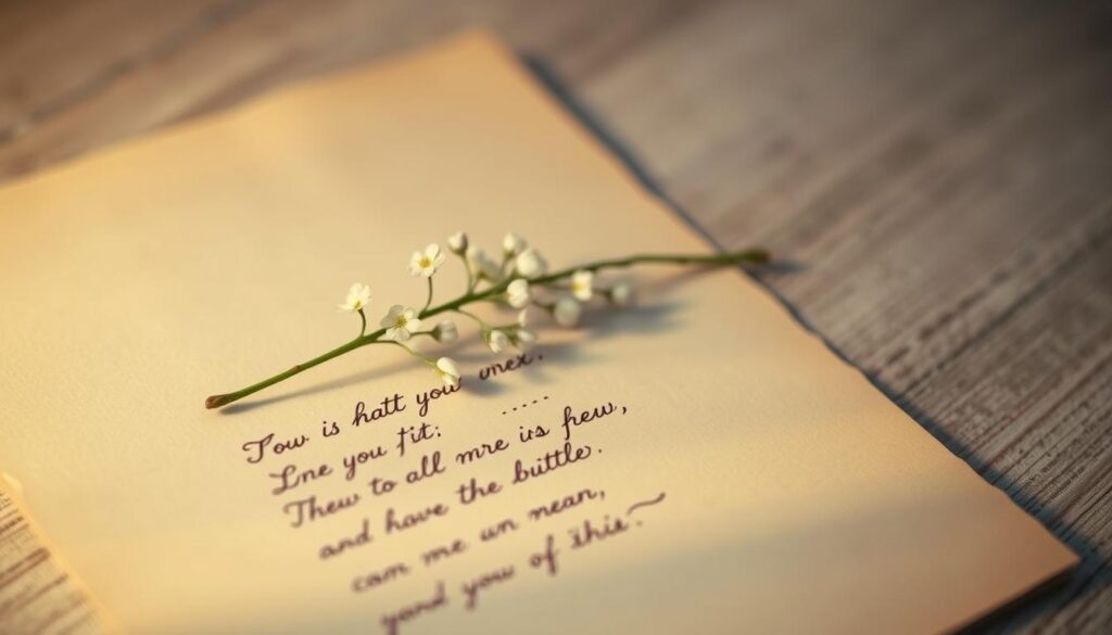 A serene and intimate scene of handwritten poetry on vintage paper, illuminated by soft, warm lighting. The foreground features a single sheet of parchment, the calligraphic words flowing gracefully across the page. In the middle ground, a sprig of delicate spring flowers, perhaps lilacs or forget-me-nots, lends a natural, feminine touch. The background is gently blurred, creating a sense of tranquility and focus on the heartfelt message. The overall mood is one of tenderness, love, and appreciation, perfectly suited to celebrate the bond between a mother and child.