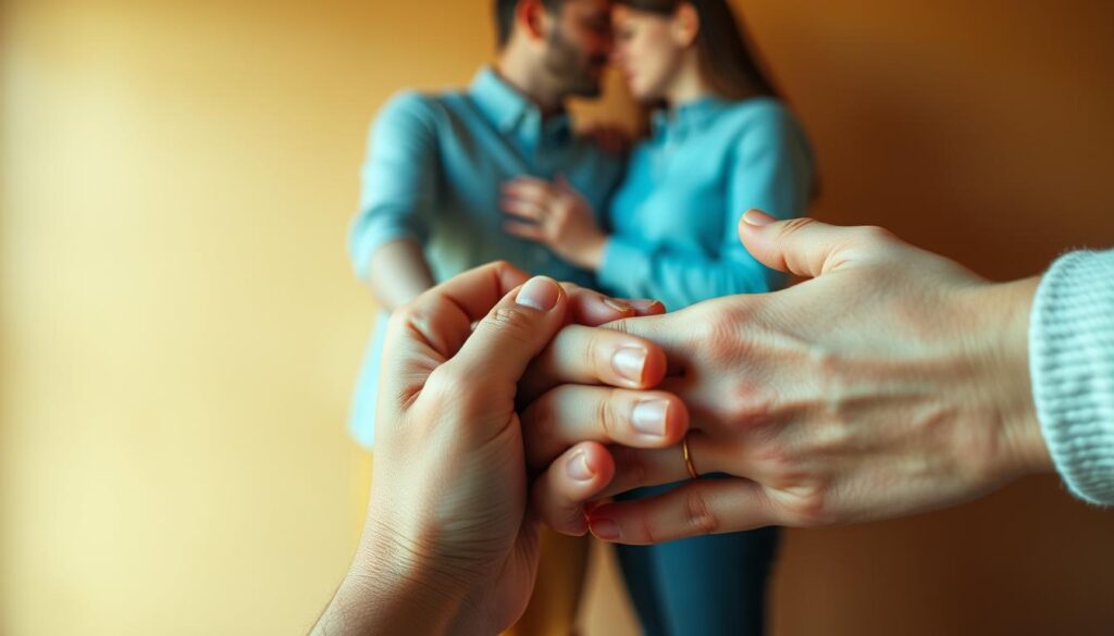 A serene and intimate scene of heartfelt gestures, captured in a soft, natural light. In the foreground, two pairs of hands clasped together, fingers intertwined, conveying a sense of deep appreciation and connection. The middle ground features a pair of figures, their bodies angled towards each other, expressions reflecting genuine care and affection. The background fades into a warm, muted palette, creating a sense of tranquility and emotional resonance. The overall composition emphasizes the delicate, non-verbal expressions of gratitude and cherished bonds.