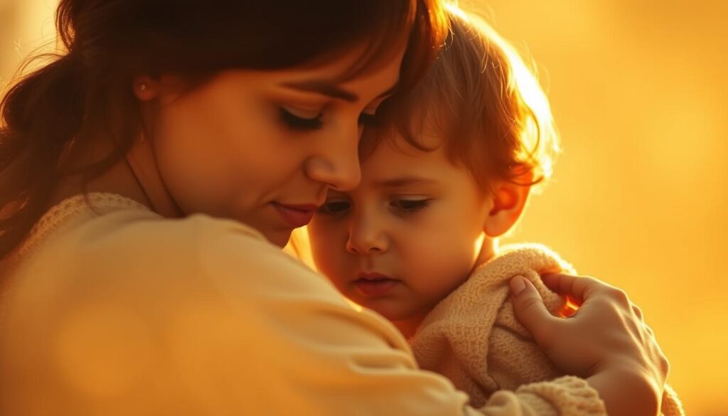 A serene and introspective mother-child scene, bathed in warm, golden light. In the foreground, a mother and child, their faces softly illuminated, share a tender embrace, their expressions conveying a profound, unspoken connection. The background is hazy and dreamlike, with gentle brushstrokes evoking a sense of timelessness and emotional resonance. The composition is balanced, with the figures positioned centrally, allowing the viewer to focus on the intimate, emotionally-charged moment. The overall atmosphere is one of love, understanding, and the cherished bond between a parent and child.