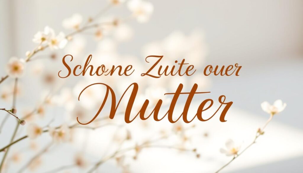 A serene and inviting composition featuring an elegant hand-lettered calligraphic rendition of the phrase "Schöne Zitate über Mütter" against a softly blurred background of delicate floral motifs in muted pastel hues. The typography is rendered in a warm, earthy palette, capturing the thoughtful and reflective nature of the subject matter. Gentle natural lighting bathes the scene, creating a calming, contemplative atmosphere. The overall aesthetic is one of refined simplicity and timeless grace, perfectly suited to illustrate a section on heartfelt Mother's Day sentiments.