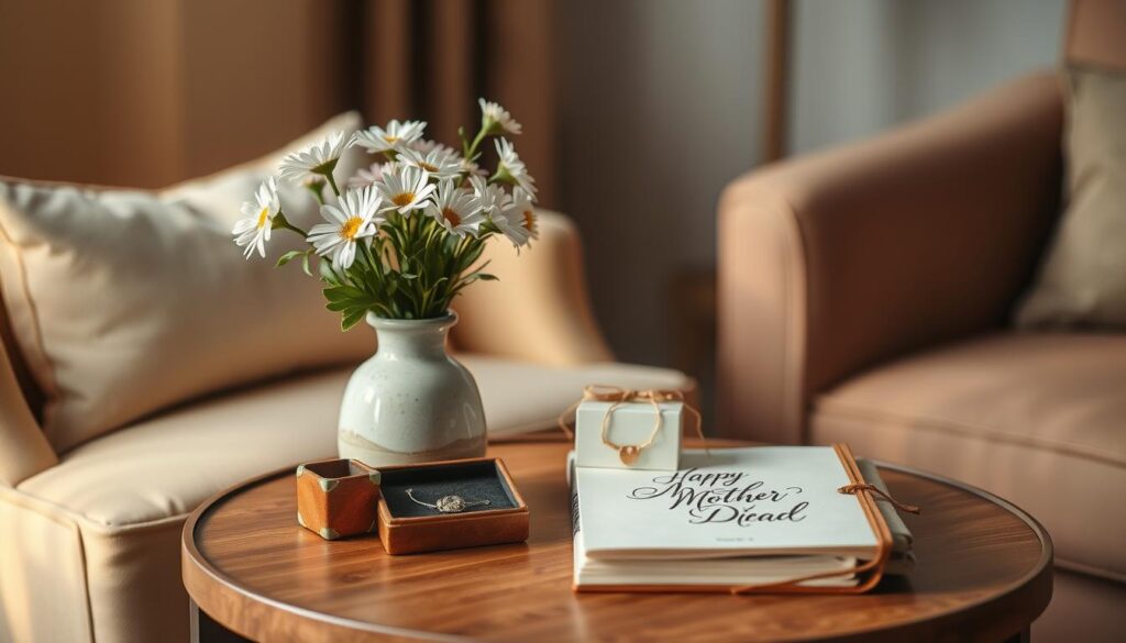 A serene and inviting living room setting, featuring a plush armchair and a wooden side table. On the table, an assortment of thoughtfully arranged mother's day gift ideas, including a beautifully crafted ceramic vase filled with fresh flowers, a delicate piece of handmade jewelry, and a leather-bound journal with a calligraphy-style inscription. Warm, diffused lighting casts a soft glow, creating an atmosphere of comfort and inspiration. The scene conveys a sense of care, creativity, and appreciation for the special woman being celebrated.