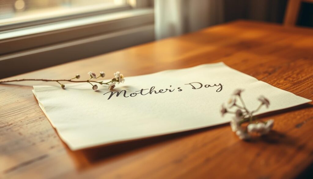 A serene and romantic mother's day poem, handwritten in elegant cursive on a soft, textured cream-colored paper. The paper is placed on a warm, wooden table, with a sprig of delicate flowers, such as forget-me-nots or lilacs, resting gently beside it. Warm, diffused lighting from a nearby window casts a gentle glow, creating a sentimental and heartfelt atmosphere. The camera angle is slightly tilted, giving the composition a whimsical, artistic feel. The overall mood is one of love, gratitude, and the cherished bond between a mother and child.