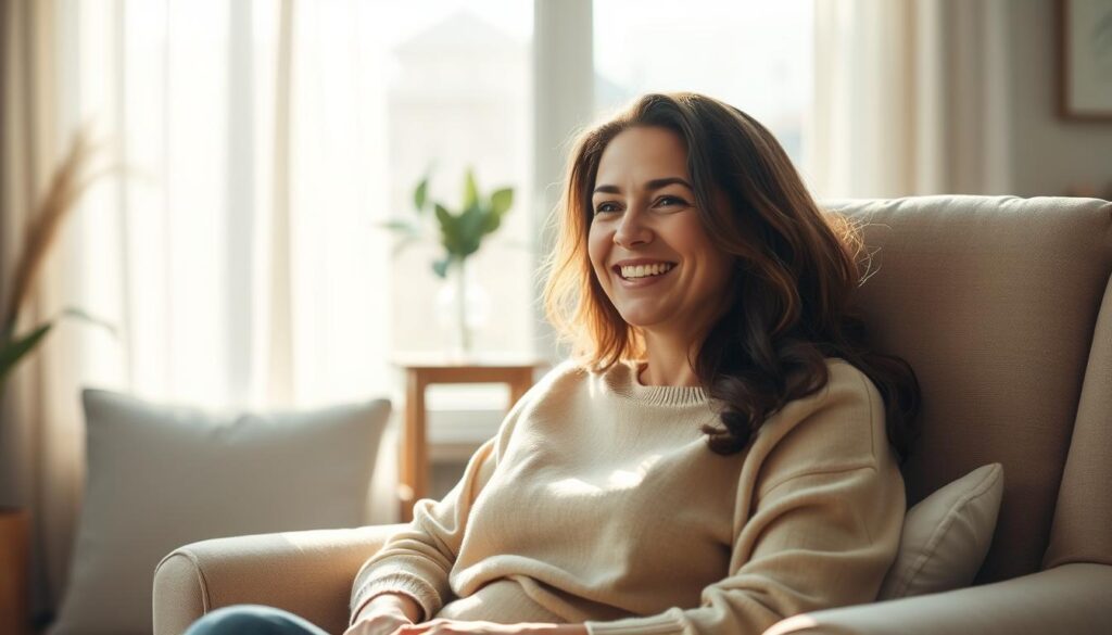 A serene and softly lit interior, with a mother sitting comfortably on a plush armchair, her expression radiant with a warm, nurturing smile. The background is a cozy, inviting living room, with muted colors and a sense of tranquility. Sunlight filters in through a large window, casting a gentle glow on the mother's face, highlighting her features and conveying a feeling of love and appreciation. The composition emphasizes the mother's role as the central focus, with the surroundings providing a calming and supportive backdrop. The overall mood is one of reverence, gratitude, and the unconditional love between a mother and her children.