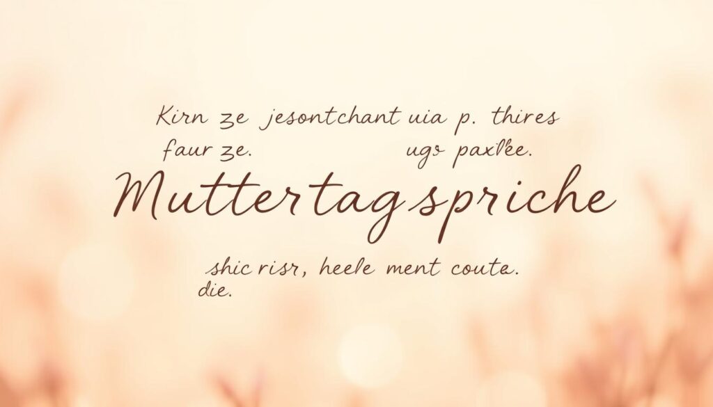 A serene and tender image of handwritten, cursive "Muttertagssprüche" (Mother's Day quotes) against a soft, pastel background. The words are delicately penned in gentle strokes, conveying heartfelt sentiments. The composition features a central focal point with the quotes surrounded by a hazy, out-of-focus foreground and background, creating a dreamlike, intimate atmosphere. Warm, diffused lighting casts a subtle glow, enhancing the emotional resonance. The overall mood is one of affection, appreciation, and familial love, perfectly capturing the section's theme of "Kurze Muttertagssprüche, die das Herz berühren" (Short Mother's Day quotes that touch the heart).