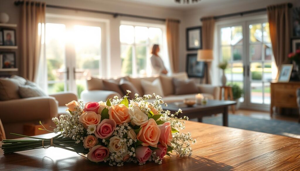 A serene and thoughtful Mother's Day celebration scene. In the foreground, a delicate bouquet of fresh flowers - roses, carnations, and baby's breath - rests on a wooden table, illuminated by soft, diffused natural light filtering in through a large window. In the middle ground, a cozy living room setting with plush, neutral-toned furnishings and a warm, inviting atmosphere. Framed family photographs and personalized decor elements adorn the walls, creating a sense of cherished memories. The background features a view of a picturesque garden, with lush greenery and a tranquil pond reflecting the warm, golden hues of the afternoon sun. A calming, contemplative mood permeates the scene, inviting the viewer to celebrate the bond between a grandmother and her family.