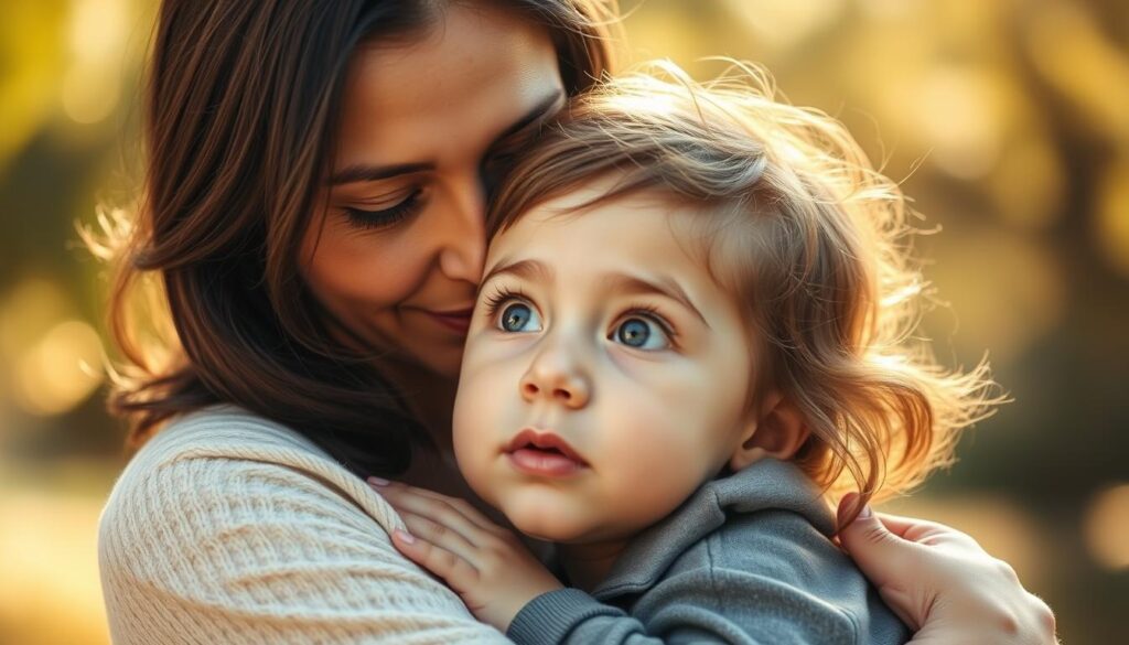 A serene and thoughtful depiction of a loving mother and child, captured in a warm, natural light. The mother's gentle gaze and tender embrace convey a profound sense of nurturing and connection. The child's eyes are wide with wonder, reflecting the profound significance of this special day. The background is softly blurred, allowing the central figures to be the sole focus, radiating a sense of intimacy and cherished moments. The composition is balanced and harmonious, guiding the viewer's attention to the profound meaning of Mother's Day.