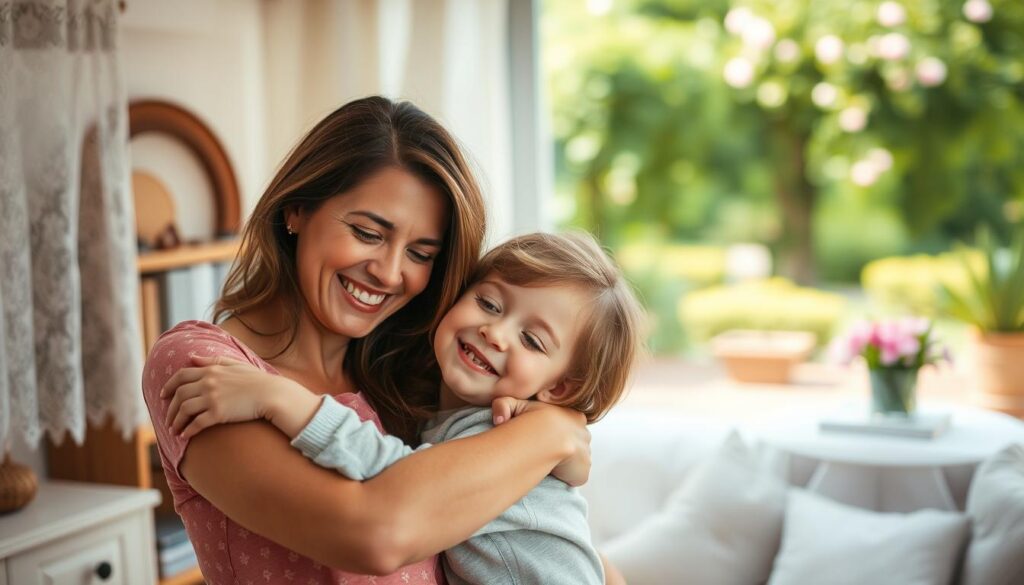 A serene and thoughtful mother's day scene. In the foreground, a tender embrace between a mother and child, their faces radiating joy and affection. The middle ground features a cozy domestic setting, with soft lighting filtering through lace curtains. In the background, a blurred garden or park, symbolizing the nurturing, life-giving essence of motherhood. The overall mood is one of reverence, gratitude, and the profound bond between parent and child. Captured with a warm, slightly nostalgic lens, the image conveys the deeper meaning and significance of the mother's day celebration.
