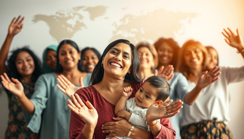 A serene and thoughtful portrait of a diverse group of women representing the global significance of Mother's Day. In the foreground, a joyful mother cradling her child, surrounded by a colorful tapestry of hands reaching out in unity. In the middle ground, women from various cultures and backgrounds, each with a unique expression of maternal love and pride. In the background, a softly blurred world map, symbolizing the universal celebration of motherhood across borders and continents. Warm, natural lighting casts a gentle glow, conveying a sense of connection, compassion, and the profound impact of mothers on a global scale.