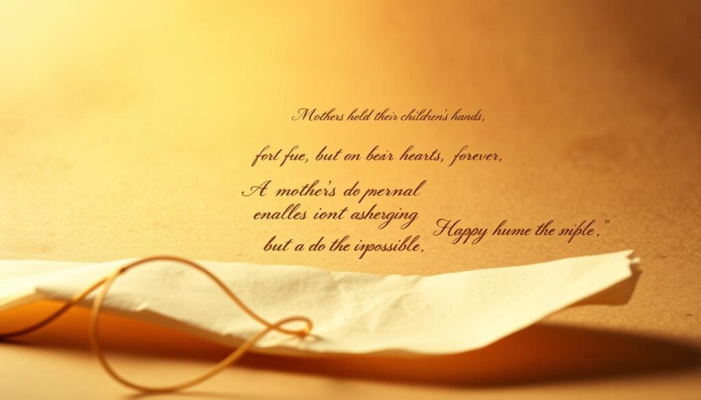 A serene and timeless scene of classic mother's day sayings, beautifully handwritten in calligraphic script against a warm, softly-lit background. In the foreground, elegant cursive flourishes dance across delicate parchment, evoking a sense of tradition and heartfelt sentiment. The middle ground features a collection of simple, yet profound phrases - "Mothers hold their children's hands for a short time, but their hearts forever," "A mother's love is the fuel that enables a normal human being to do the impossible," and other cherished expressions. The background gently fades into a muted, earthy palette, creating an atmosphere of timeless elegance and reverence. Soft, directional lighting casts a gentle glow, highlighting the artistry and emotional resonance of these classic mother's day sentiments.