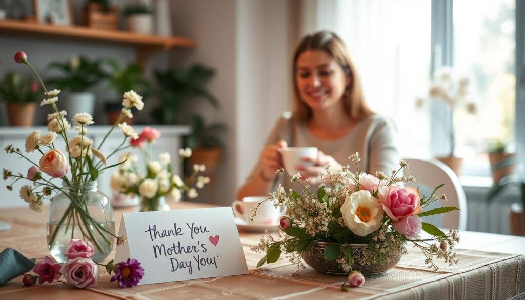 A serene and tranquil Mother's Day scene, with a warm, soft lighting illuminating the composition. In the foreground, a beautifully decorated table set for a cozy celebration, adorned with delicate floral arrangements, a vase of freshly picked blooms, and a handwritten card expressing heartfelt gratitude. In the middle ground, a mother figure seated at the table, her face radiating joy and contentment as she holds a cup of tea, surrounded by the love and appreciation of her family. The background evokes a peaceful, domestic setting, with hints of natural elements like potted plants or a window view, creating a sense of comfort and intimacy. The overall mood is one of reverence, affection, and the profound significance of the maternal bond.