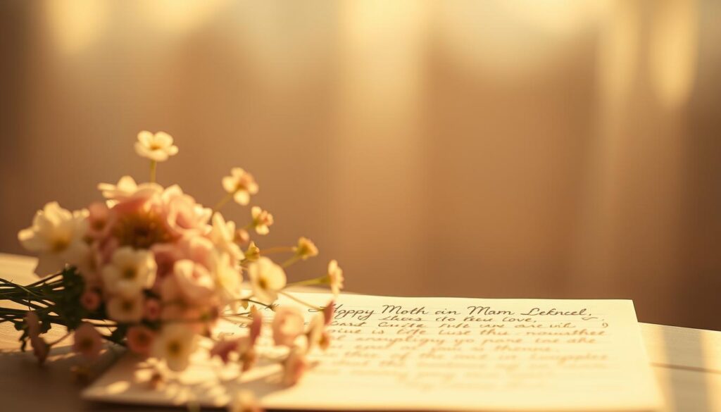 A serene and tranquil scene, bathed in warm, golden light. In the foreground, a delicate floral arrangement, meticulously crafted with a variety of blooms in soft, muted hues, symbolizing the beauty and nurturing nature of a mother's love. In the middle ground, a hand-written letter, the ink flowing gracefully across the page, conveying heartfelt sentiments and appreciation. The background is a soft, hazy blur, allowing the focus to remain on the central elements, creating a sense of intimacy and sincerity. The overall mood is one of reverence, gratitude, and the profound connection between a mother and child.
