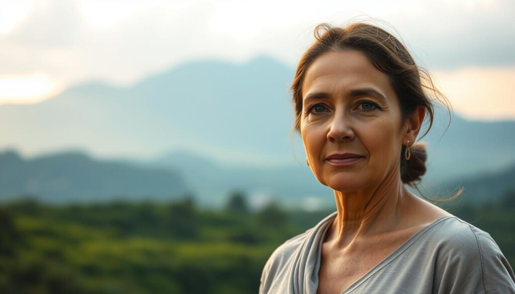 A serene and tranquil scene depicting the strength and resilience of a mother. In the foreground, a woman stands tall and proud, her eyes radiating a warm, gentle glow. Her expression exudes a profound sense of inner strength, calmness, and unwavering determination. The middle ground features a lush, verdant landscape, with soft, diffused lighting casting a soothing, golden hue. In the background, a majestic mountain range stands as a silent witness to the mother's enduring spirit. The overall atmosphere conveys a sense of harmony, inspiration, and the profound influence a mother has on her family and the world around her.