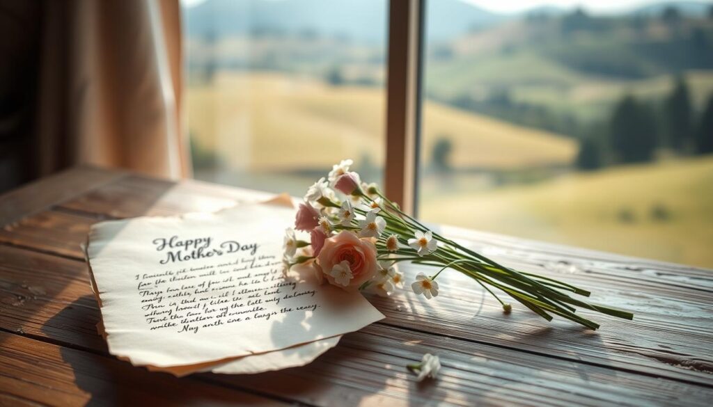 A serene and tranquil scene of a mother's day celebration, with a delicate bouquet of flowers and a handwritten poem on antique parchment paper resting on a rustic wooden table. Soft, natural lighting filters through a window, casting a warm glow on the arrangement. In the background, a gently blurred landscape of rolling hills or a cozy interior suggests a peaceful, introspective atmosphere. The composition conveys a sense of thoughtfulness, appreciation, and the cherished bond between a mother and child.