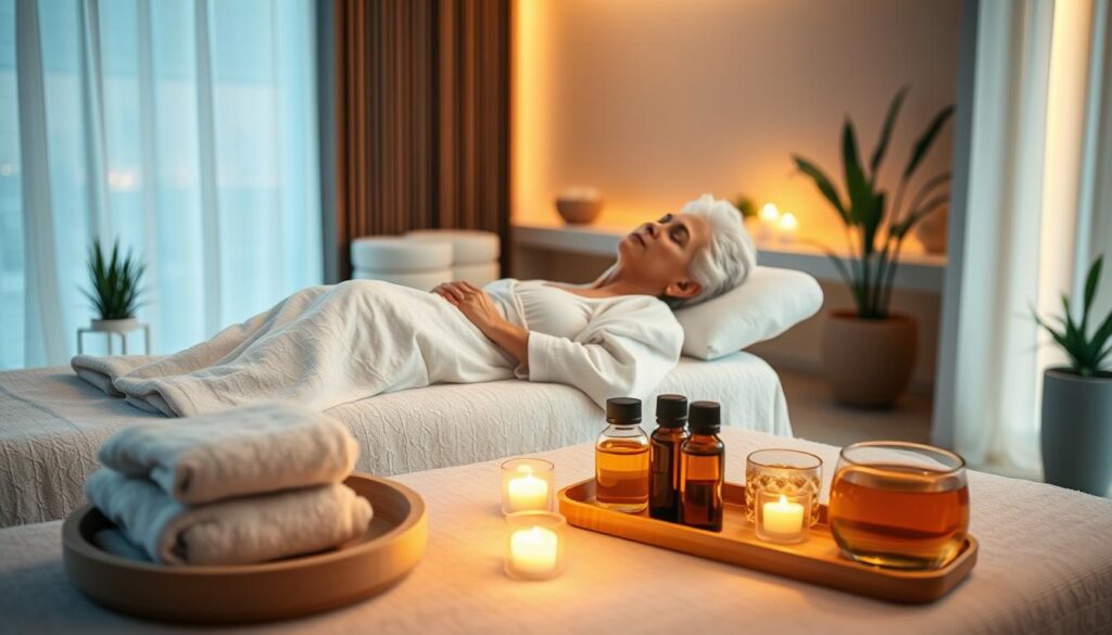 A serene and tranquil scene of an elderly woman enjoying a luxurious wellness experience. In the foreground, she reclines on a plush spa treatment table, wrapped in a soft robe, with her eyes closed in a state of total relaxation. Warm, diffused lighting bathes the scene, creating a cozy and soothing atmosphere. In the middle ground, a variety of spa amenities are neatly arranged, including a tray of soothing essential oils, plush towels, and a glass of herbal tea. The background features a minimalist, spa-like interior with clean lines, neutral tones, and natural elements like potted plants, inviting the viewer to find their own sense of peace and rejuvenation.