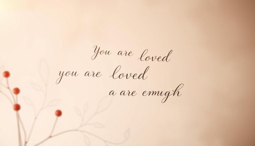 A serene and tranquil scene of inspirational messages handwritten in elegant calligraphy against a soft, pastel-colored background. In the foreground, ornamental flourishes and wisps of watercolor paint create a sense of artistry and thoughtfulness. The middle ground features several heartfelt messages like "You are loved" and "You are enough" arranged in a harmonious, visually-appealing composition. The background is gently blurred, allowing the inspirational words to take center stage. Warm, natural lighting casts a gentle glow, evoking a comforting and uplifting atmosphere. The overall aesthetic is minimalist, yet deeply meaningful, perfectly capturing the essence of "Herzliche Botschaften für den Muttertag – Einfach perfekt".