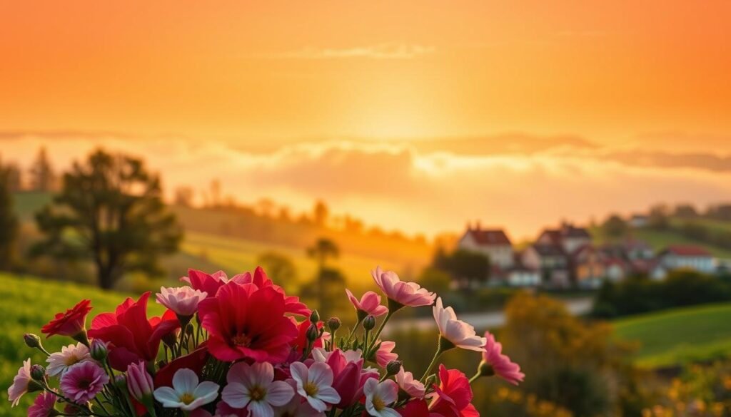 A serene and tranquil spring scene, set against a warm golden hour backdrop. In the foreground, a bouquet of vibrant flowers in shades of pink, red, and white, symbolizing the love and appreciation for mothers. In the middle ground, a soft, ethereal mist hugs the rolling hills, creating a sense of depth and atmosphere. The background features a picturesque landscape, with a quaint village nestled in the distance, its charming architecture bathed in the golden glow of the setting sun. The entire scene conveys a sense of comfort, celebration, and the special connection between mothers and their loved ones.
