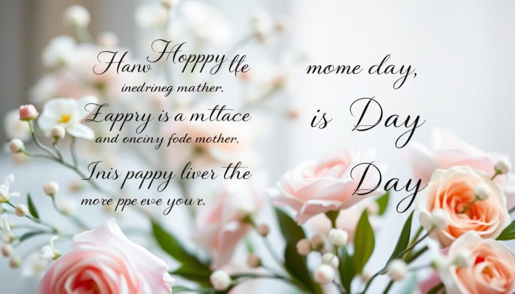 A serene and warm mother's day scene, with a soft, natural lighting illuminating the elegant calligraphy of heartfelt mother's day phrases. The text is showcased against a backdrop of delicate floral arrangements, with soft pastel hues and a gentle, blurred focus, creating a sense of appreciation and thoughtfulness. The overall composition has a harmonious, balanced layout, inviting the viewer to appreciate the sincere expressions of gratitude and reverence for the honored mother figure.