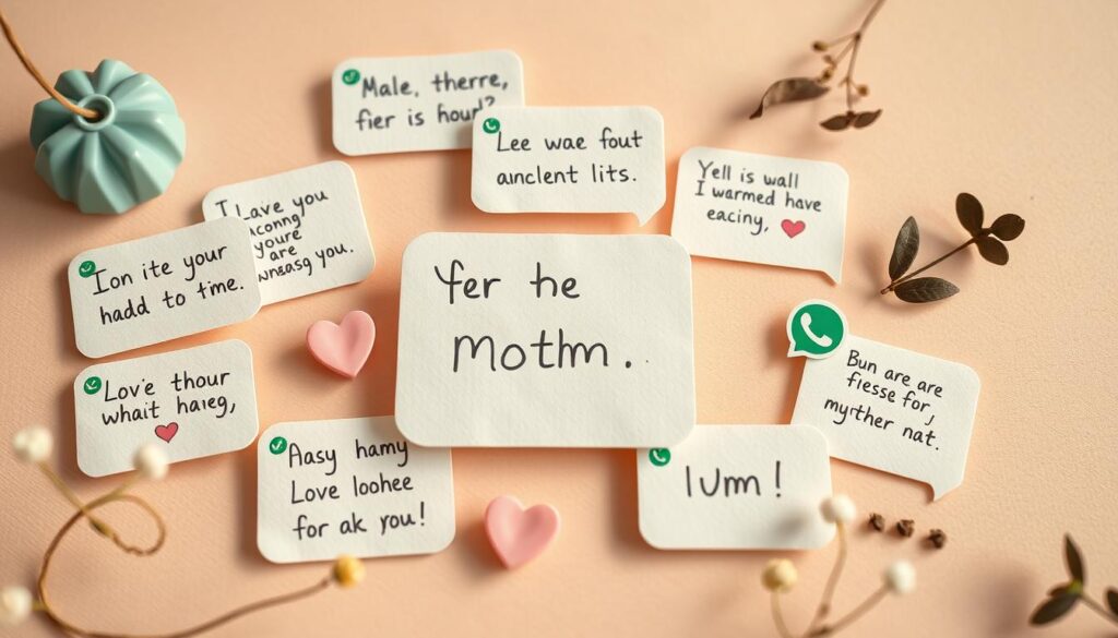 A serene and warm scene depicting a collection of handwritten-style messages and WhatsApp-inspired chat bubbles, arranged in a visually pleasing composition. The messages convey heartfelt, humorous, and appreciative sentiments for a mother, with a soft, pastel color palette and natural textures evoking a sense of intimacy and care. The layout is clean and uncluttered, allowing the messages to be the focal point, captured with a shallow depth of field and gentle lighting to create a heartwarming, digital greeting card aesthetic.